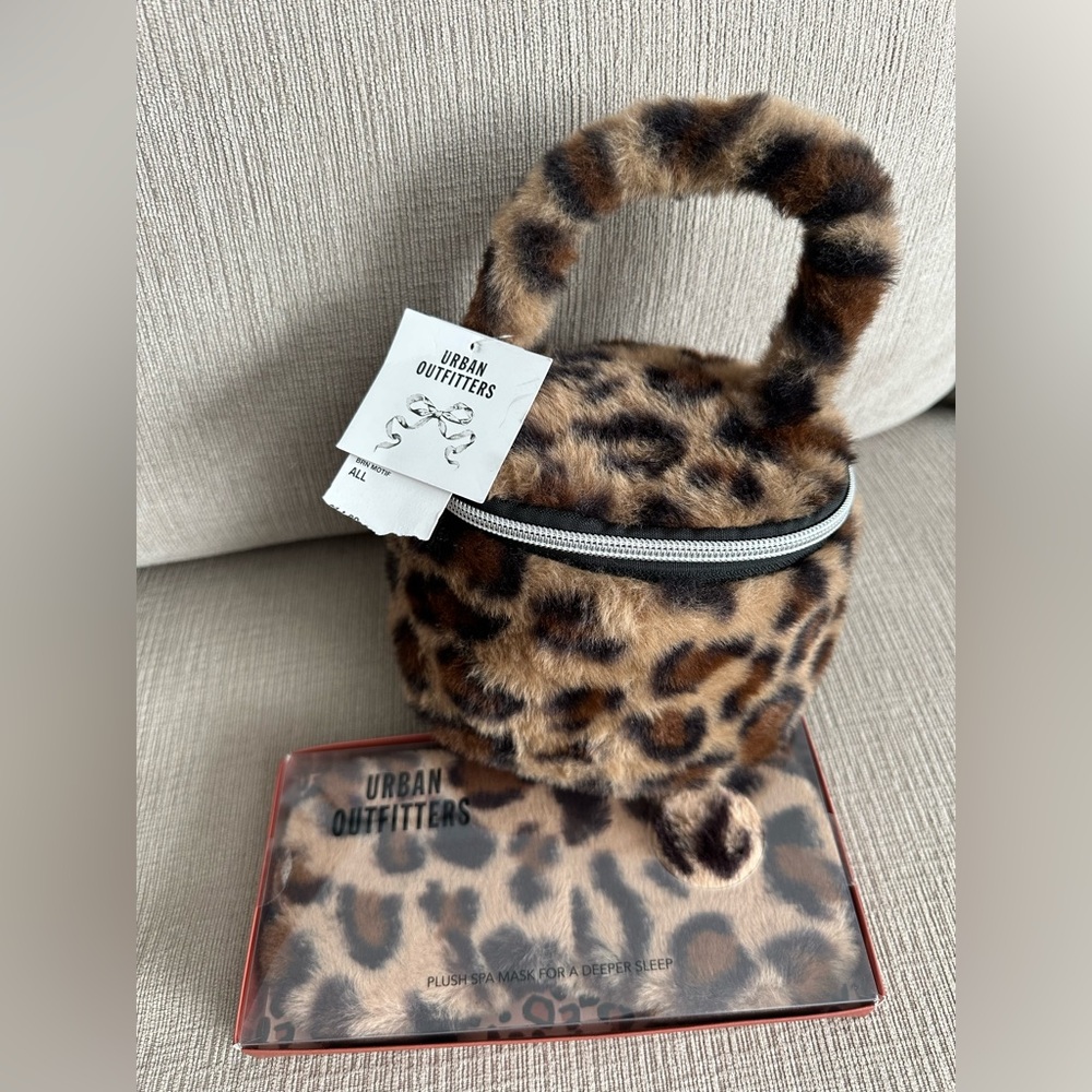 Urban Outfitters Leopard Print Plush Bag & Matching Sleeping Eye Mask